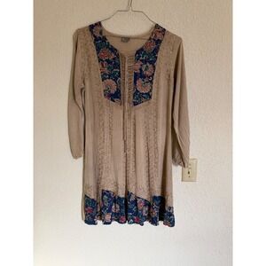 Boho Floral Embroidered Lace Up Mini Dress Tan Blue Rayon Long Sleeve XL